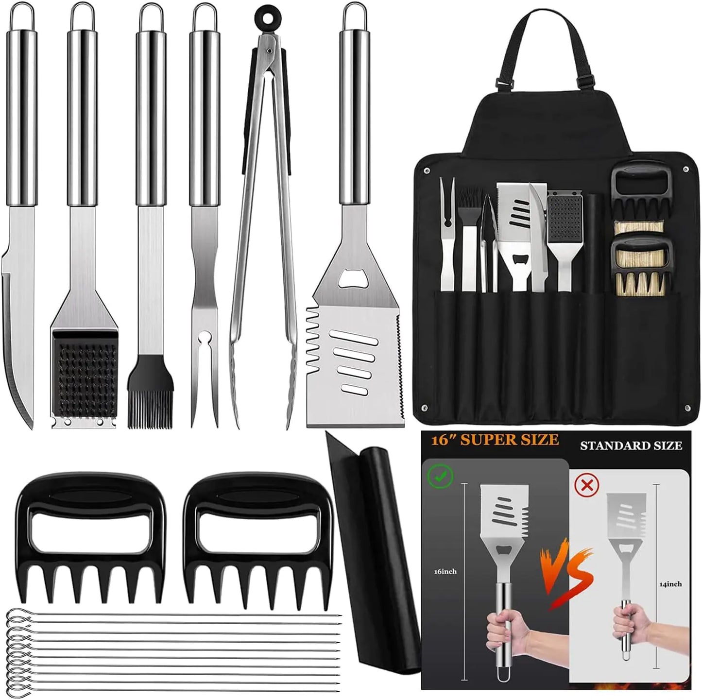 Stainless Steel BBQ Tool Set(with Barbecue Apron)Grilling Utensils Accessories,for Barbecue Indoor Outdoor,Party and Picnic,BBQ Grill Utensils Perfect Gift for Men and Women